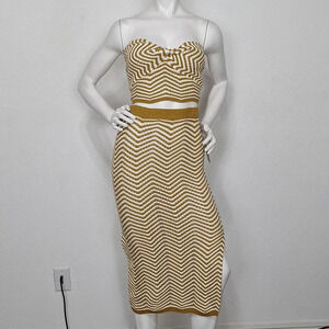 Willow & Wind "NEW" 70's Tan White Bohemian Knit Midi Hippie Skirt & Top Set *M